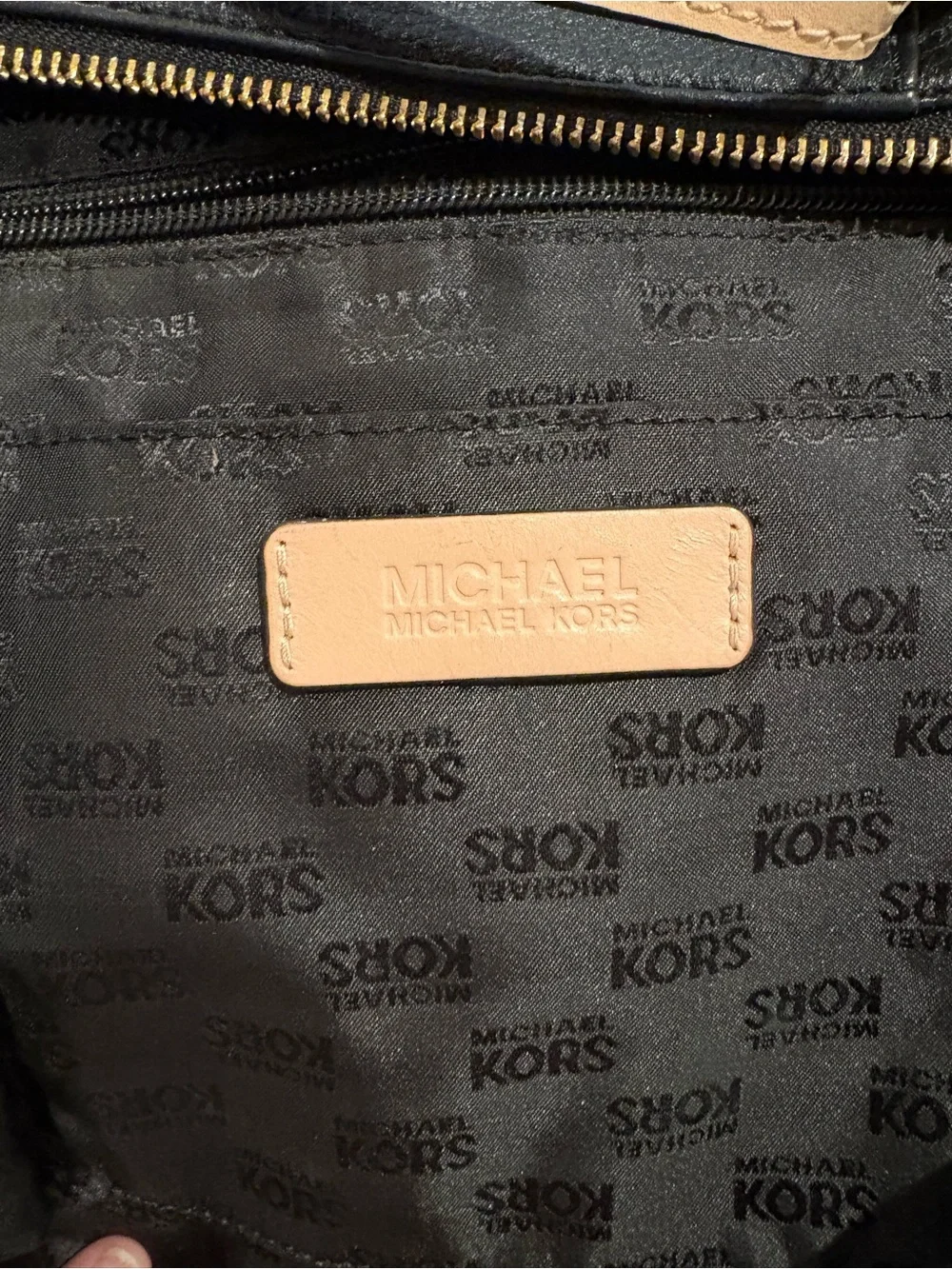 Michael Kors Black Leather Tote with Tan Straps and Gold MK Charm